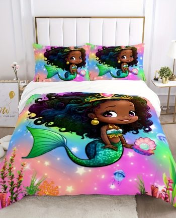 3pcs Fashionable Novel Cute Character Girl Mermaid Digital Print Quilt Cover Set