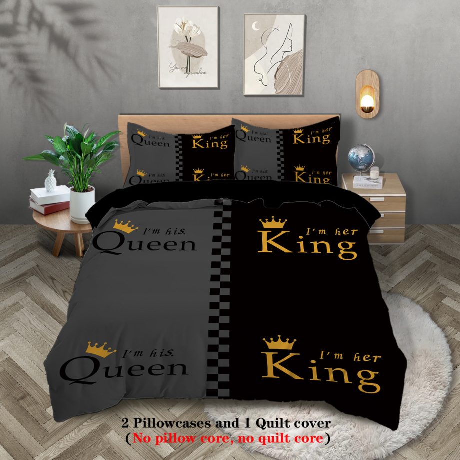 Crown & Letter Couple 3-Piece Bedding Set – Duvet Cover & Pillowcases